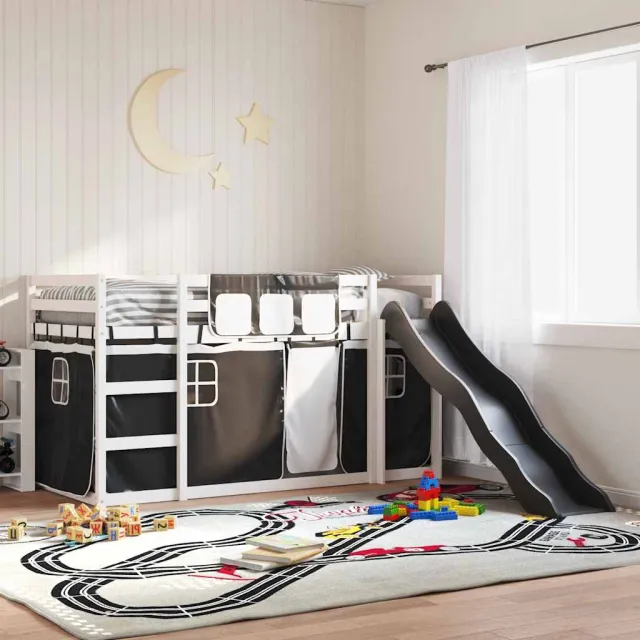 vidaXL Stapelbed met glijbaan en gordijnen 90x200 cm wit en zwart