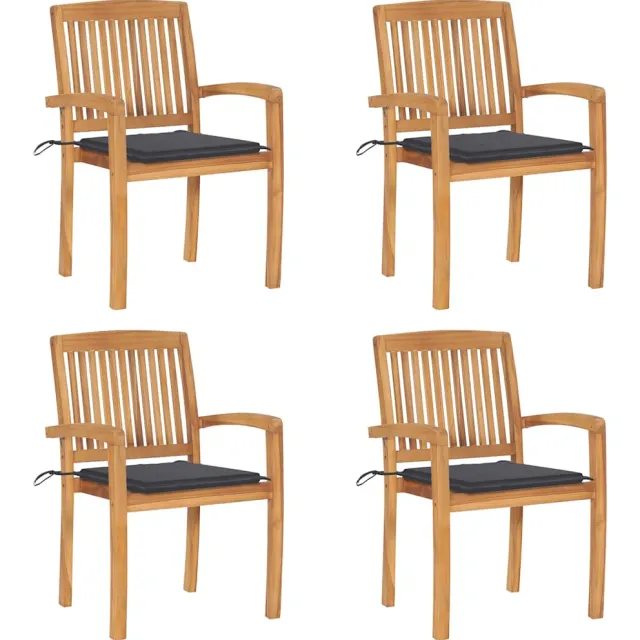 vidaXL Tuinstoelen stapelbaar 4 st met kussens massief teakhout Anthraciet