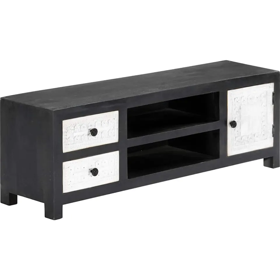 vidaXL Tv-meubel handgesneden 120x30x40 cm massief mangohout grijs wit, foto 2