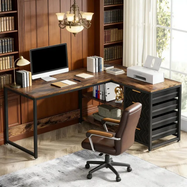 MODENUIT Hoekbureau - L-Vormig Met 4 Lades En Plank - Voor Thuiskantoor - Metaal En Hout - Zwart Bruin Black