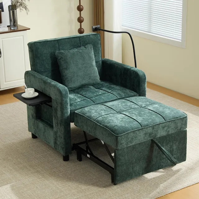 KOMHTOM BLACKCOLORS Twee-in-één slaapfauteuil, eenpersoons slaapbank, chenille fauteuil (met kussens en zijvakken), met een tafeltje aan de ene kant en een opbergtas aan de andere kant, compleet Groen