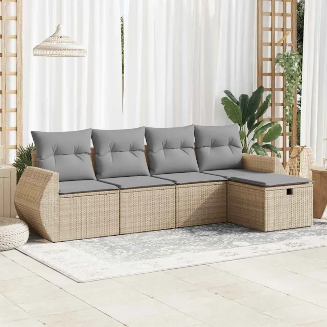 vidaXL 5-delige Loungeset met kussens poly rattan beige, foto 2