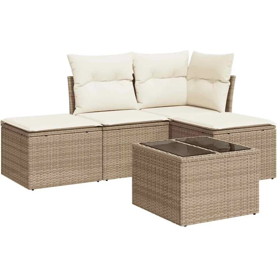 vidaXL 5-delige Loungeset met kussens poly rattan beige, foto 3