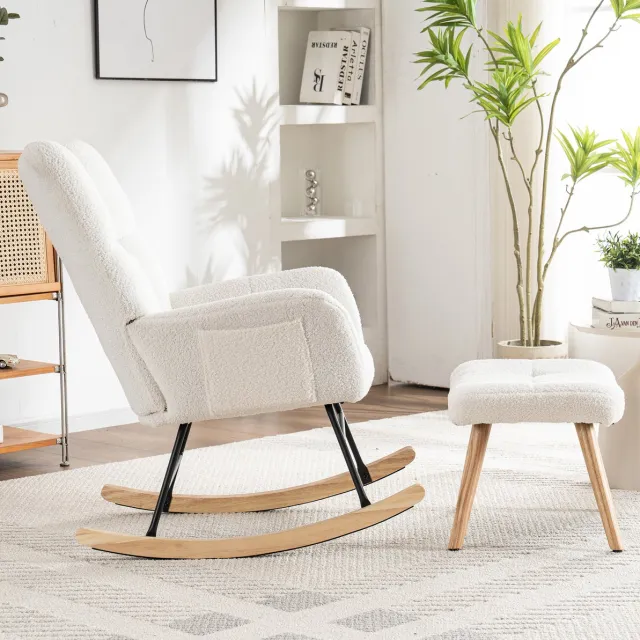 Wishdor Schommelstoel - Met voetenbank en armleuningen - Ergonomisch en zacht gevoerd - Scandinavisch basic - Woonkamer slaapkamer terras - Hout - Wit - 92 x 65 x 94 cm