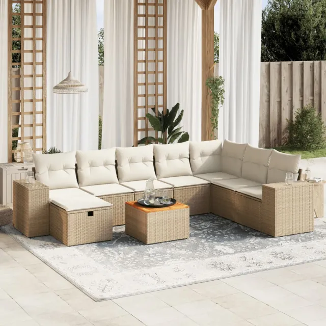 vidaXL 9-delige Loungeset met kussens poly rattan beige, foto 2