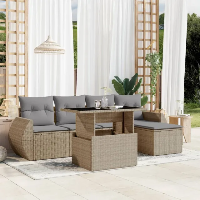 vidaXL 6-delige Loungeset met kussens poly rattan beige, foto 2