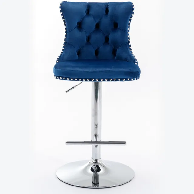 SONNENH Barkrukken set van 2 met blauwe velvet, knoopgestikte rug en chroomkleurige basis - Verstelbaar en draaibaar Blauw en chroomkleurig