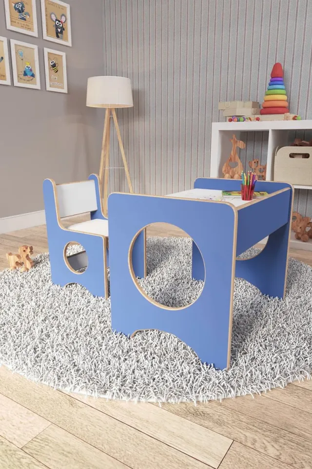Zeo Wood Kindertafel en Stoeltjes - Speeltafel - Kindertafel met Stoeltjes - Kinderbureau - Montessori Kindertafel - Blauw