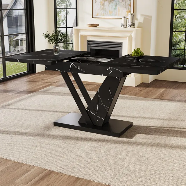 STILVORA Eettafel - Uitschuifbaar Telescoop Ontwerp Met Vergrendeling - Voor Keuken En Woonkamer - MDF En Metaal - Zwart Marmerlook - 120-160x75x75,5 Cm