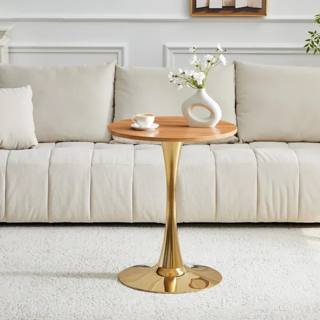 CHICFURN Bijzettafel 60 cm - Ronde tafel - MDF tafelblad en metalen voet - Enkele poot - Woonkamer - MDF en metaal - Goud en hout