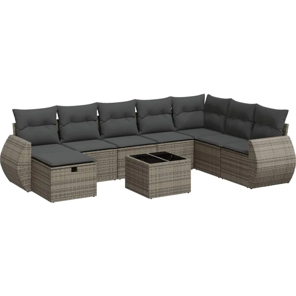 vidaXL 9-delige Loungeset met kussens poly rattan grijs, foto 3