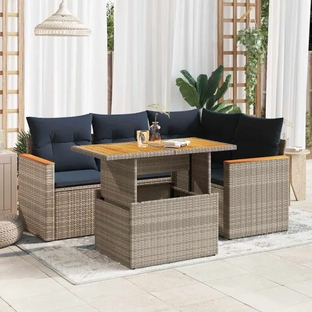 vidaXL 5-delige Loungeset met kussens poly rattan grijs