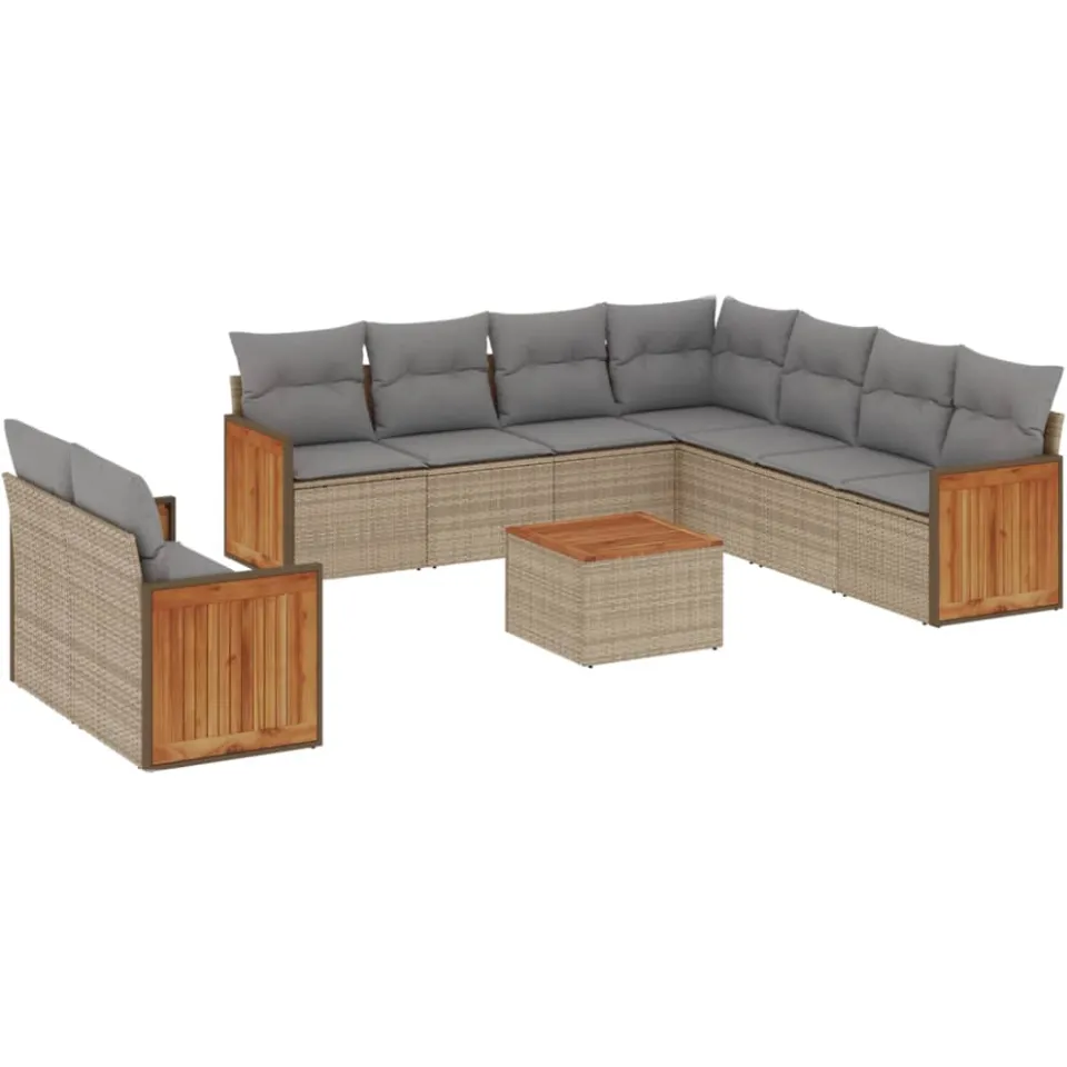 vidaXL 10-delige Loungeset met kussens poly rattan beige