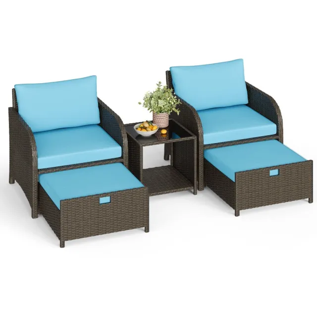 Triumpunpre Tuinmeubelset Lounge Set 5-delig, Rattan Bank met Dikke Kussens, 2 Hockers en Opbergtafel, Weerbestendig PE Wicker, Voor Balkon, Tuin, Veranda, Achtertuin, Blauw