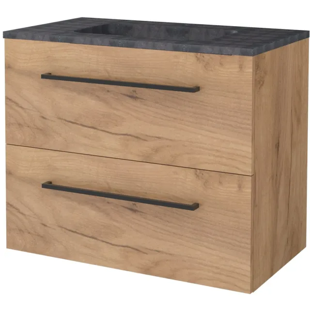 Boss & Wessing Badmeubelset BWS Salt 80x46cm Met Grepen 2 Lades Met Wastafel Hardsteen 1 Kraangat Whisky Oak Bruin