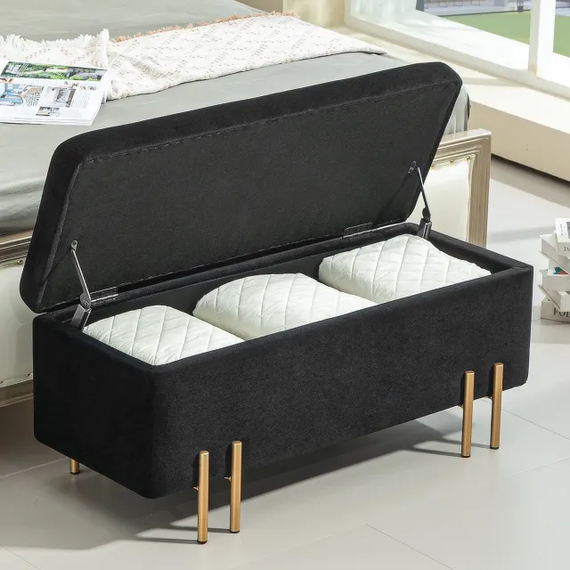 MODENUIT Opbergbank – 100 x 40 x 42 cm – Met Opbergruimte – Hout, Metaal en Stof – Zwart – Voor Hal en Woonkamer