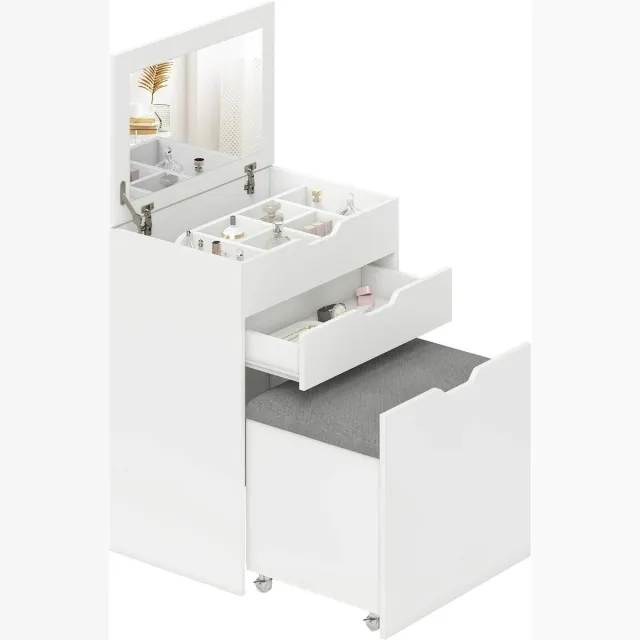 Roossentials kaptafel - Make-up tafel - Inklapbare spiegel - Met lade - 7 compartimenten - Verborgen gewatteerde kruk met opbergruimte - Wit