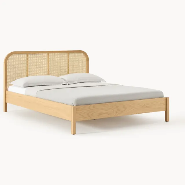 Westwing Collection Houten bed Jones met hoofdeinde van Weens vlechtwerk Beige