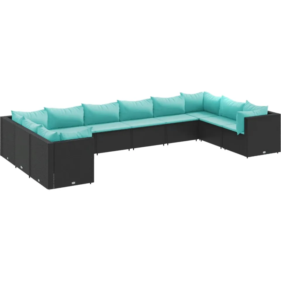vidaXL 10-delige Loungeset met kussens poly rattan zwart