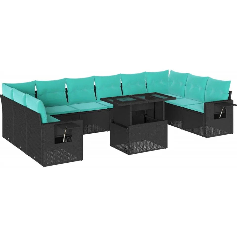 vidaXL 11-delige tuinbankset met kussens, zwart polyrotan
