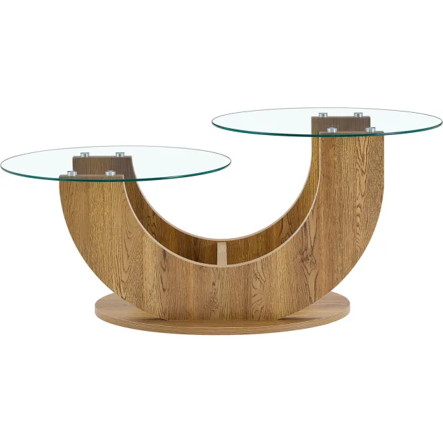 MUVANO Glazen salontafel met opbergruimte - Twee ronde bladen - Gehard glas en MDF-onderstel - 49,8 cm hoog - Voor woonkamer - Transparant en naturel houtkleur