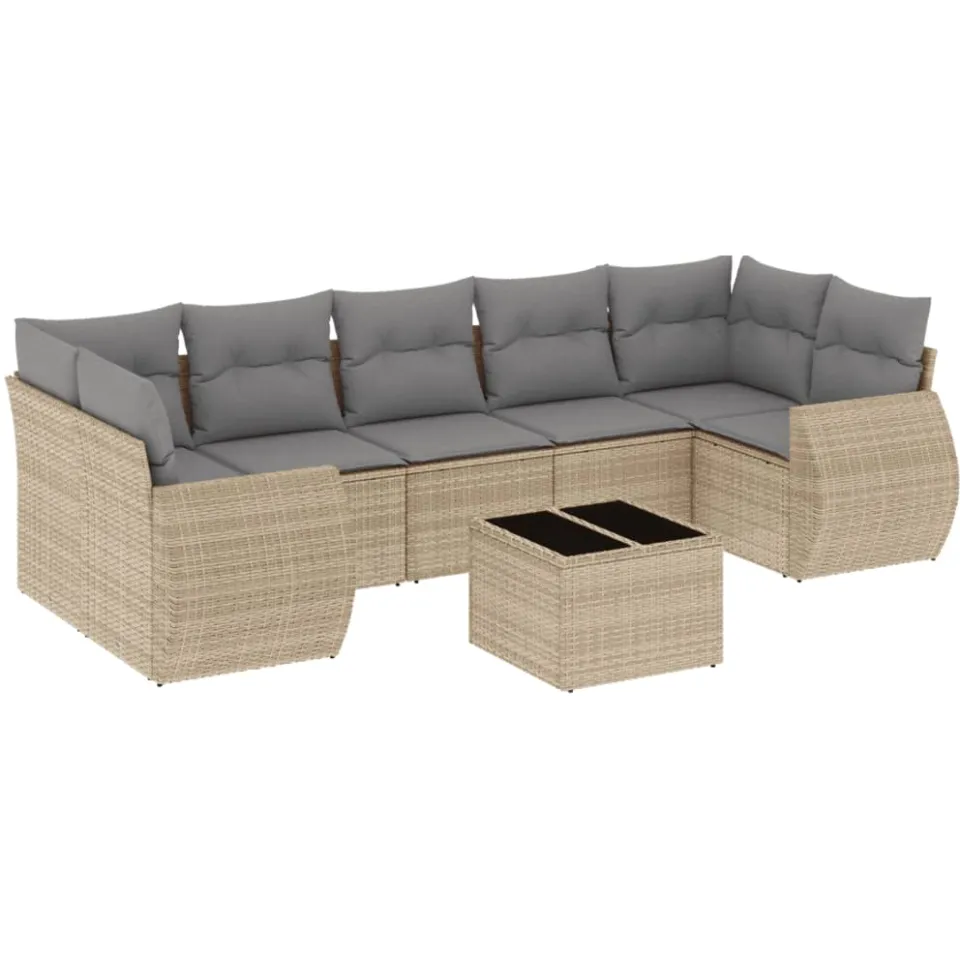 vidaXL 8-delige Loungeset met kussens poly rattan beige
