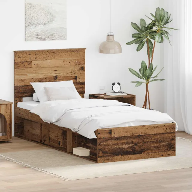 vidaXL Bedframe met hoofdeinde Oudhout 75 x 190 cm Massief grenenhout bruin