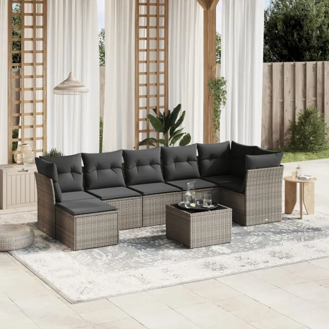 vidaXL 8-delige Loungeset met kussens poly rattan grijs, foto 2