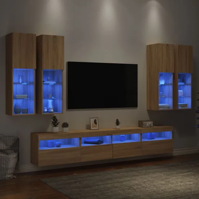 vidaXL 7-delige Tv-wandmeubelset met LED-verlichting sonoma eikenkleur Bruin