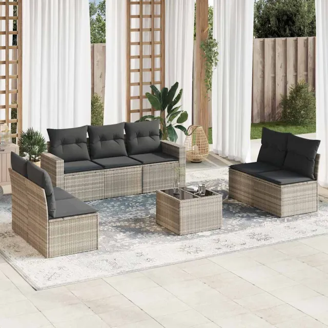 vidaXL 8-delige Loungeset met kussens poly rattan lichtgrijs grijs, foto 2