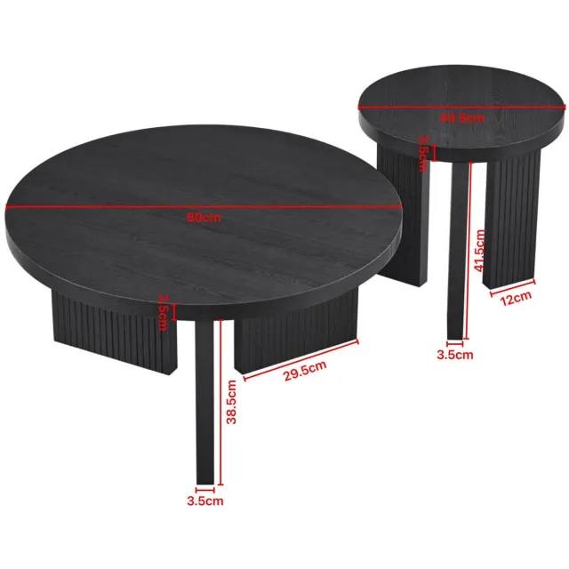 MIVRAY Salontafelset - Ronde Zwarte MDF Tafel Met Geribbelde Poten - Modern Voor Woonkamer Slaapkamer En Kantoor - Set Van 2