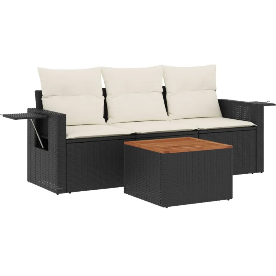 vidaXL 4-delige Loungeset met kussens poly rattan zwart