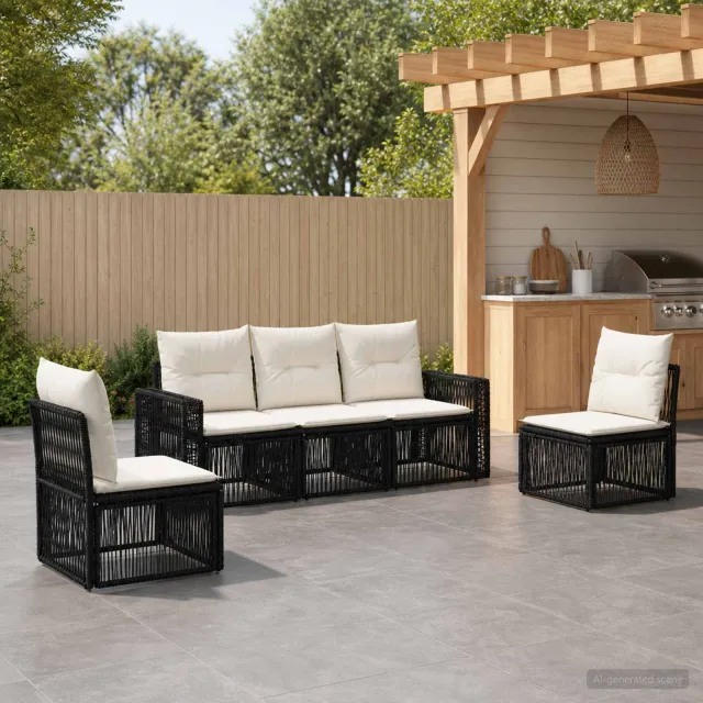 vidaXL Tuinbankenset 5 st 5-zits Zwart en Cream Wit poly rattan, foto 2