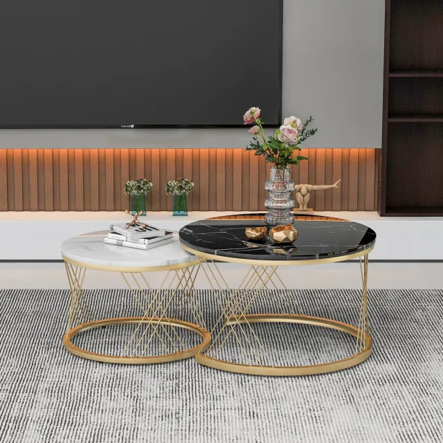 COVREO salontafel set van 2 70 x 70 x 45 cm - rond, marmerlook fineer, zwart wit goud