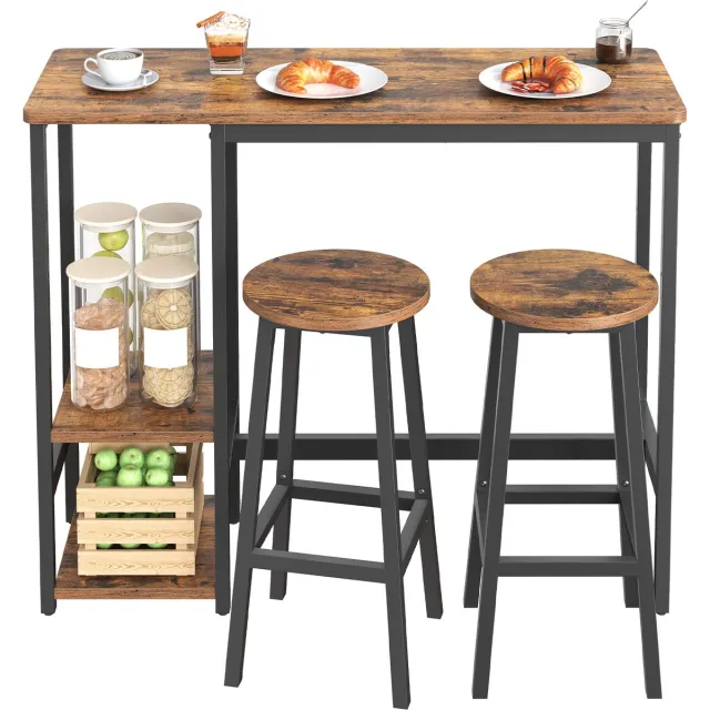 Vasagle Bartafel - Tafel met Planken - Stalen Frame - Inclusief Keukenstoelen Bruin