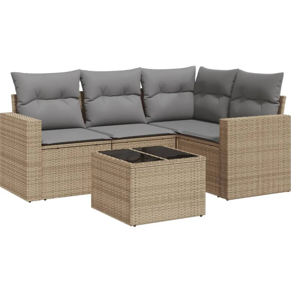 vidaXL 5-delige Loungeset met kussens poly rattan beige