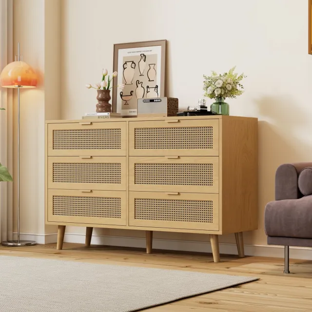 MEUNIQ Ladekast met 6 lades – 120 x 40 x 76,5 cm – rotanlook ladefronten en metalen grepen – dressoir voor slaapkamer, woonkamer of kantoor – Eiken