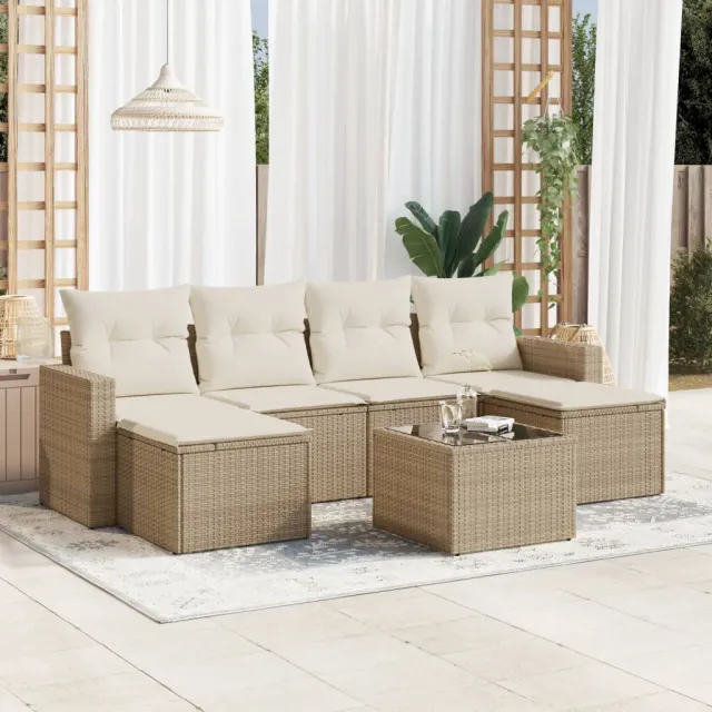 vidaXL 7-delige Loungeset met kussens poly rattan beige, foto 2