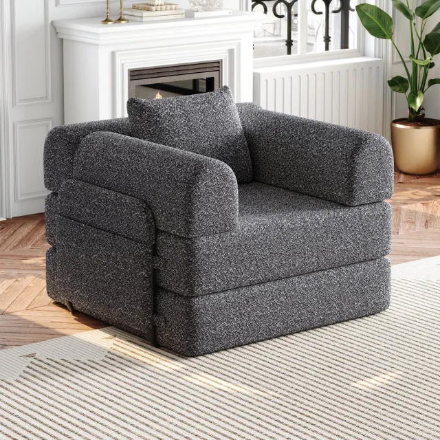 REDOM 2-In-1 Slaapbank - Met Opbergvak In Armleuning & Stalen Frame - Modulair - Chenille - Grijs - 94x91x70 cm (Bed: 94x182x50 cm)