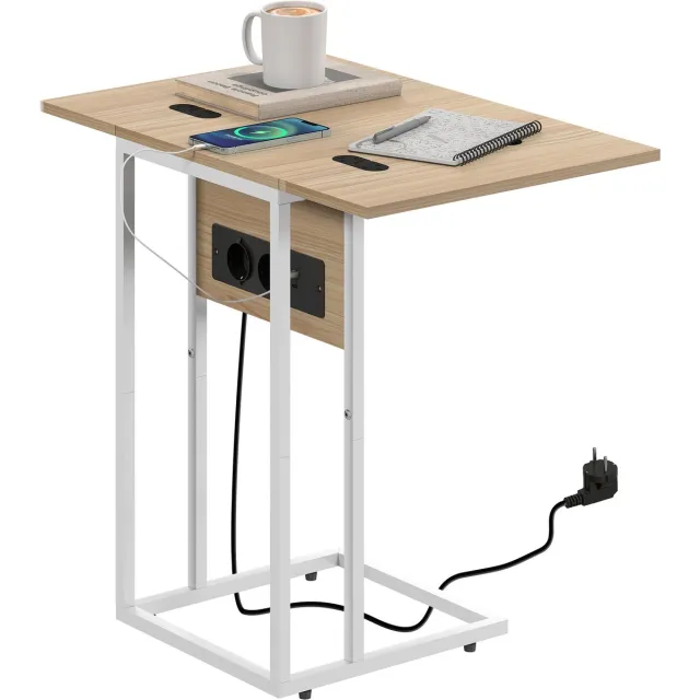 Homcom bijzettafel opklapbaar met oplaadstation - Nachtkastje met USB - Houtkleur en wit Houtkleur, wit