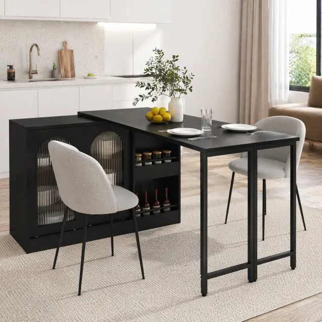 MEUNIQ Bartafel uitklapbaar 121,5 x 40 x 76,7 cm, 360° draaibaar met opbergruimte, glazen kastdeur en open vakken, zwart