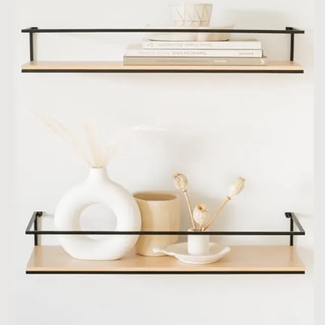 PromoHome Zwevende Wandplanken Set - Moderne Berken Hout Look - Sterke Metaal Constructie Bruin