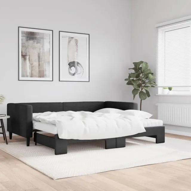 vidaXL Slaapbank met onderschuifbed en matrassen 90x190 cm stof zwart