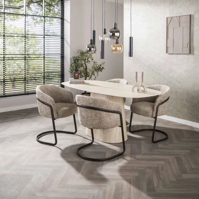 Dimehouse Moderne Eettafel Archon Keramiek Travertin 180 cm - Keramiek - Japandi - Deens ovaal Travertinlook