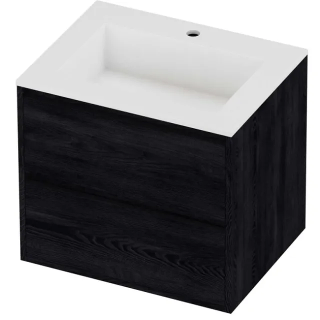 Proline Aristo Badmeubelset Polystone Elegant 1 Kraangat Greeploos 60x46x54 cm Mat White Black Oak Eiken