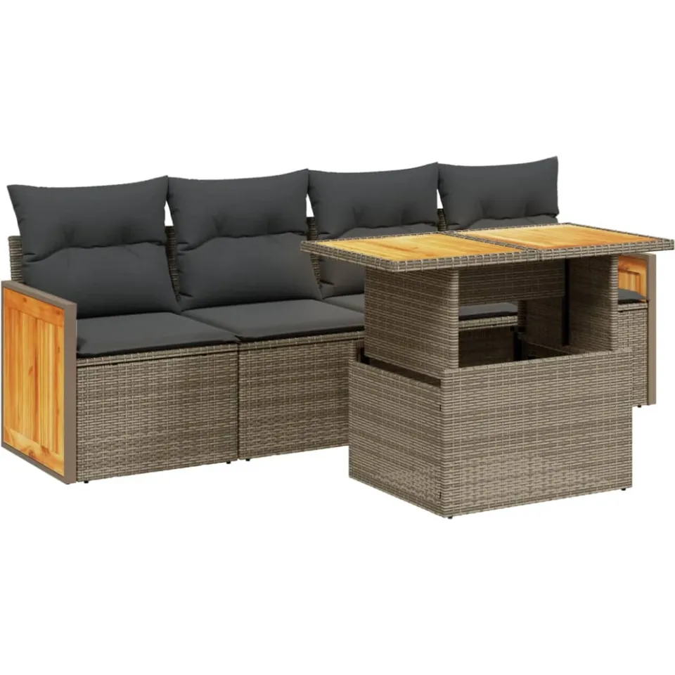 vidaXL 5-delige Loungeset met kussens poly rattan grijs, foto 3