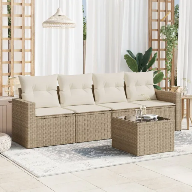 vidaXL 5-delige Loungeset met kussens poly rattan beige, foto 2