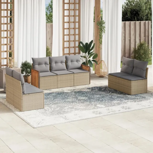 vidaXL 7-delige Loungeset met kussens poly rattan beige, foto 2