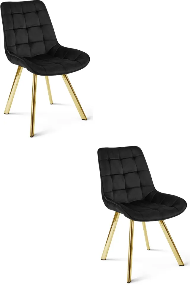 LEOBERT Set van 2 eetkamerstoelen SORIA - Fluweel zwart - Gouden metalen poten - Luxe modern design Zwart/Goud