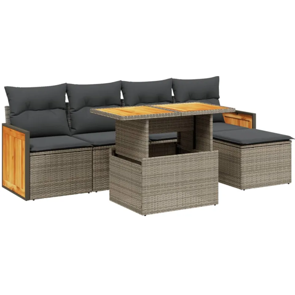 vidaXL 6-delige Loungeset met kussens poly rattan grijs, foto 3